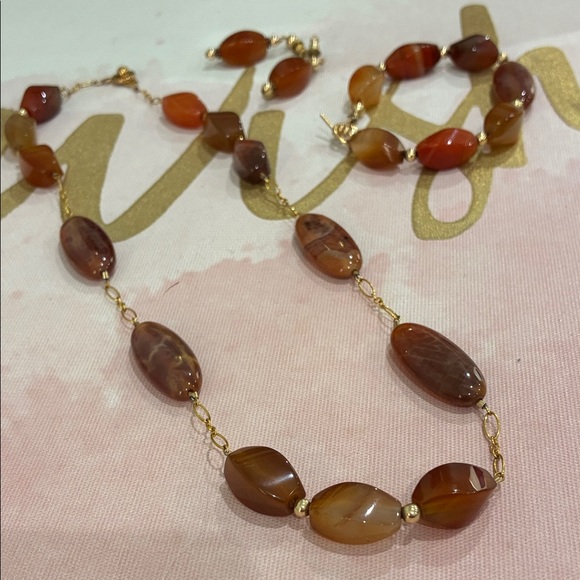 Gold-Accented Brown Agate Amber Bead Necklace Earrings and Bracelet Set